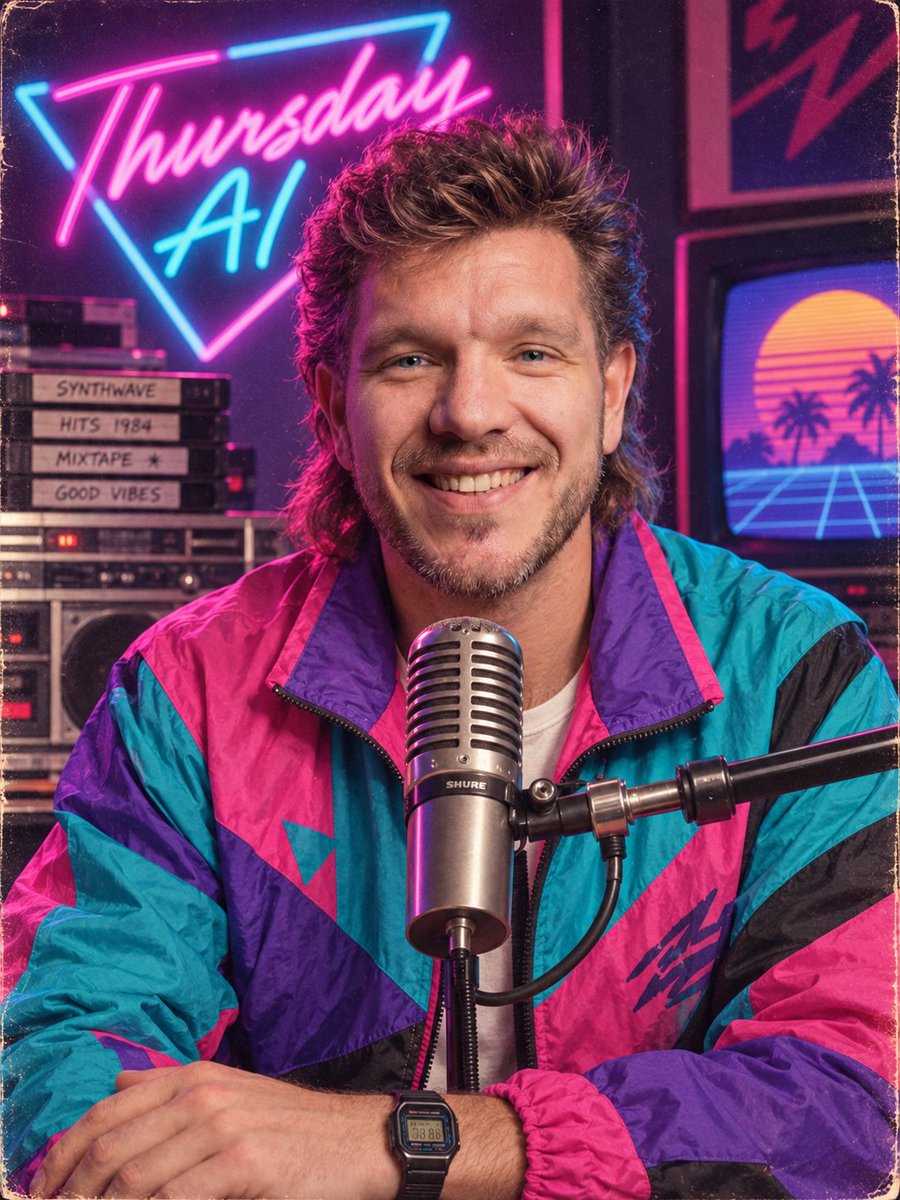 YouTube Thumbnail - Retro Synthwave Podcast Host — output 1