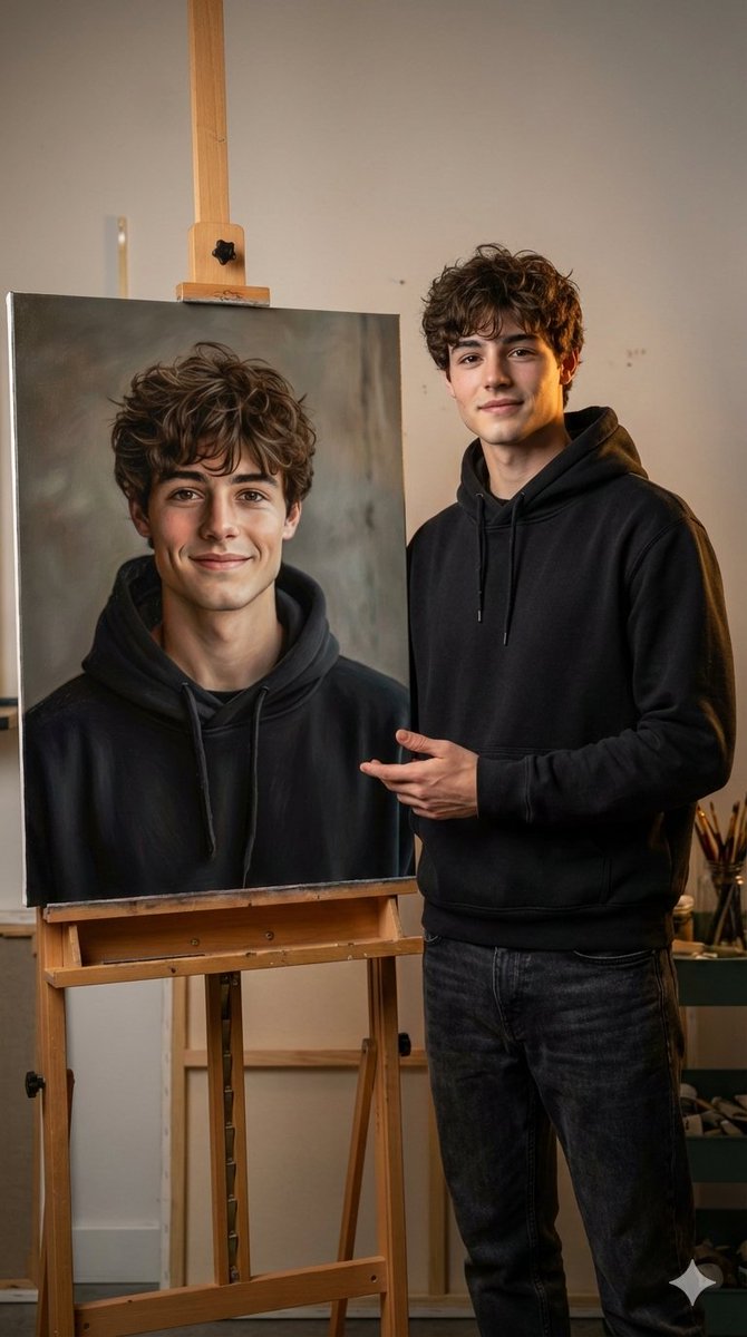 Profile / Avatar - Hyper-realistic portrait with a painting of the subject — output 1