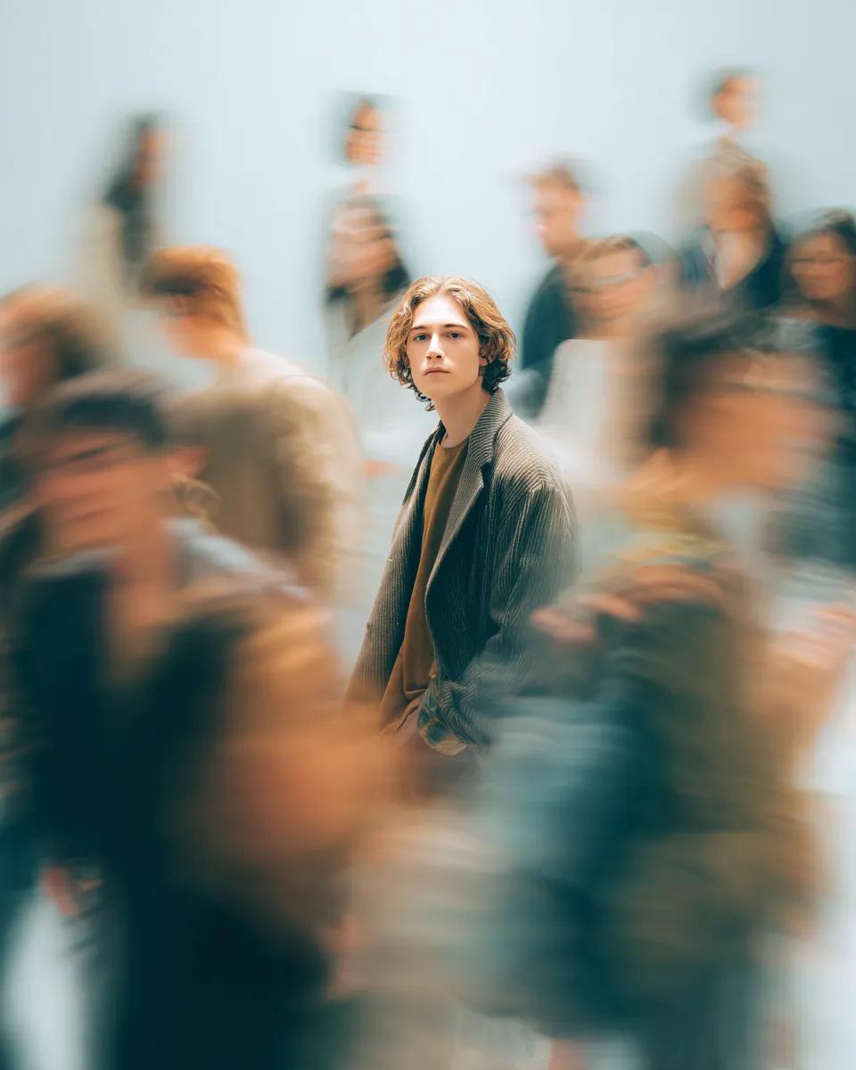 Cinematic Portrait with Motion Blur Crowd — output 1