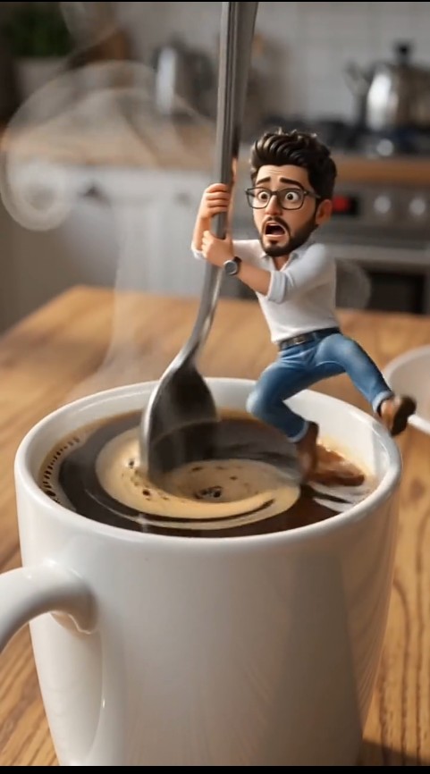 Game Asset - Tiny Chibi Man Stirring Giant Coffee — output 1