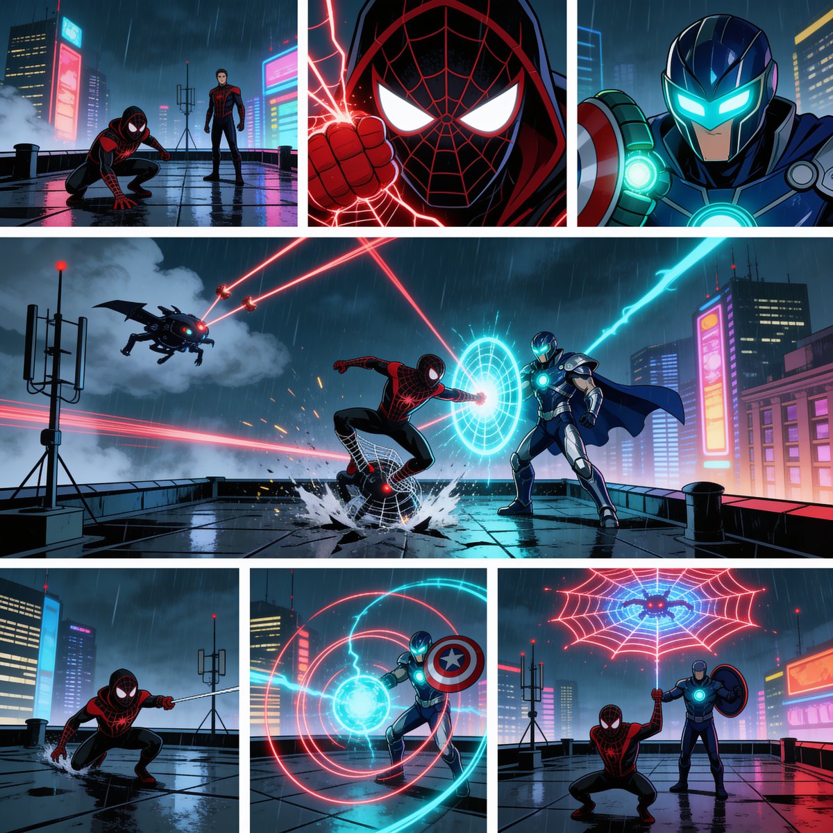 Comic / Storyboard - Rainy Cyberpunk Superhero Comic Page — output 1