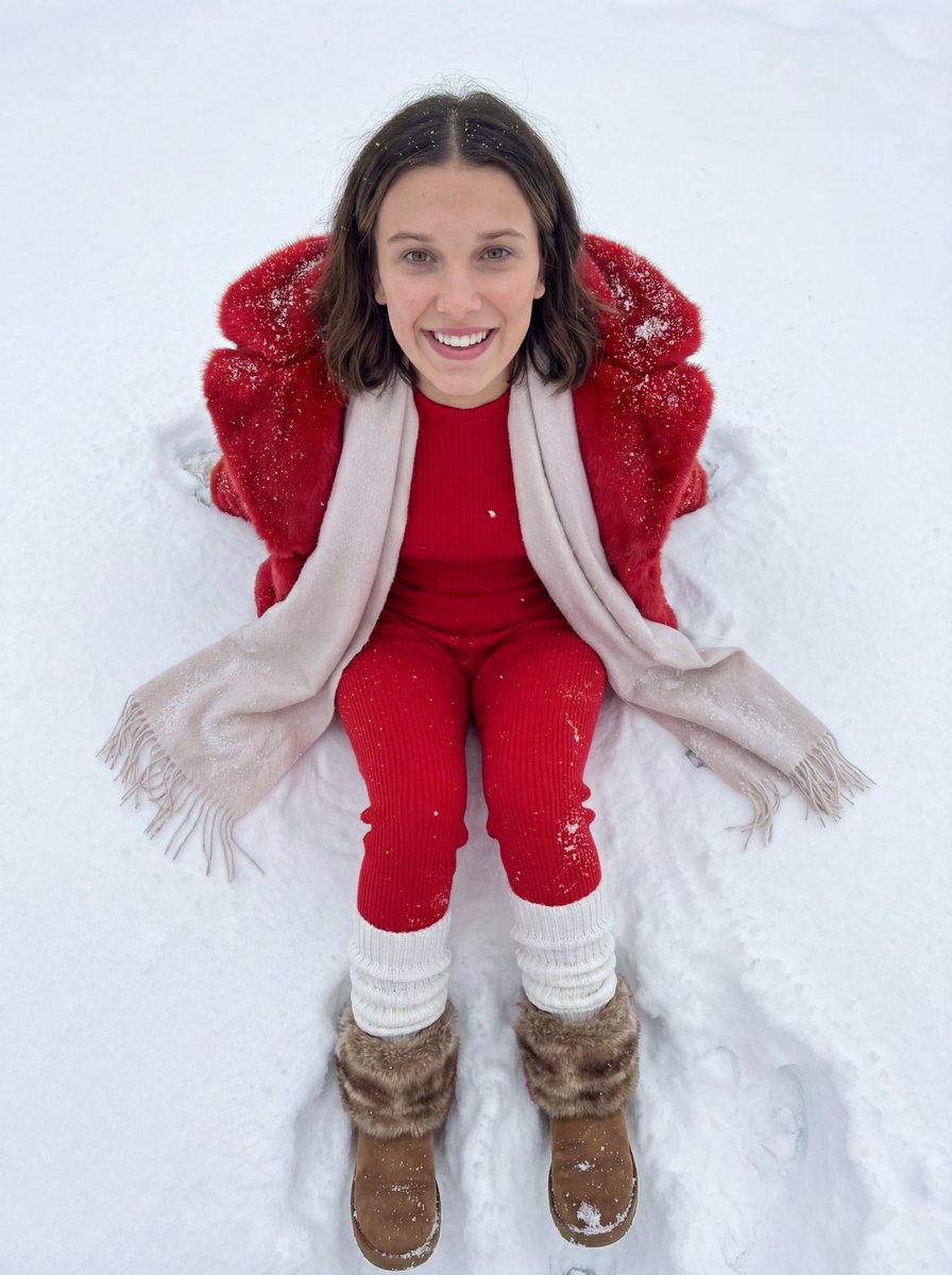 Sadie Sink Macro-Portrait in Snow JSON Prompt — output 1