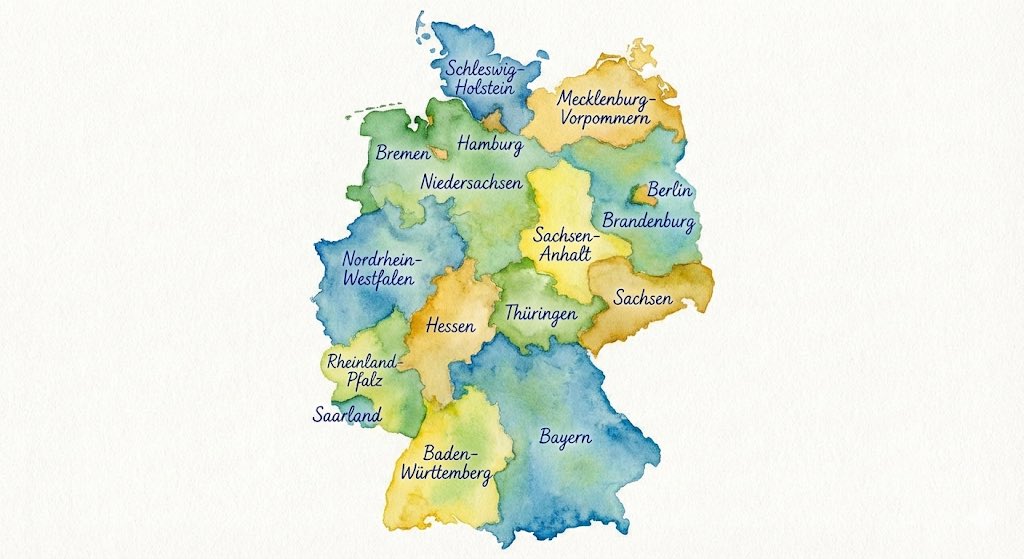 Watercolor map of Germany with labeled states — output 1
