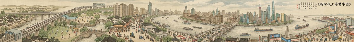 Poster / Flyer - Panoramic Cityscape in Qingming Festival Scroll Style (8:1 Aspect Ratio) — output 1
