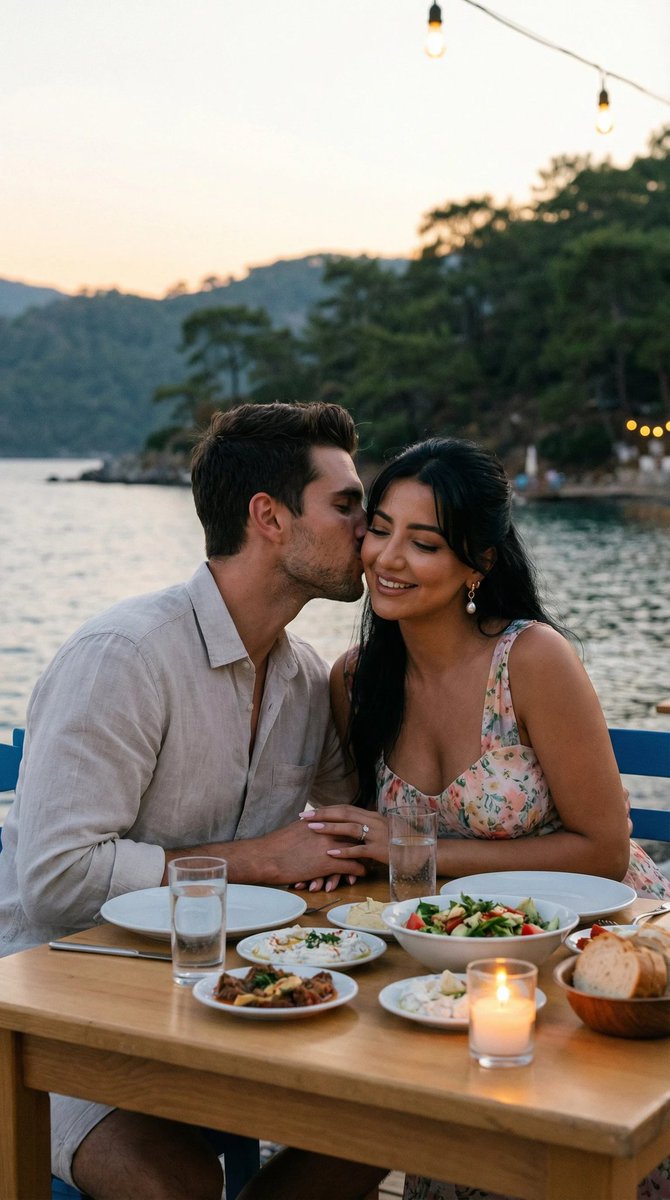 Social Media Post - JSON Prompt for Candid Seaside Dinner Romance — output 1