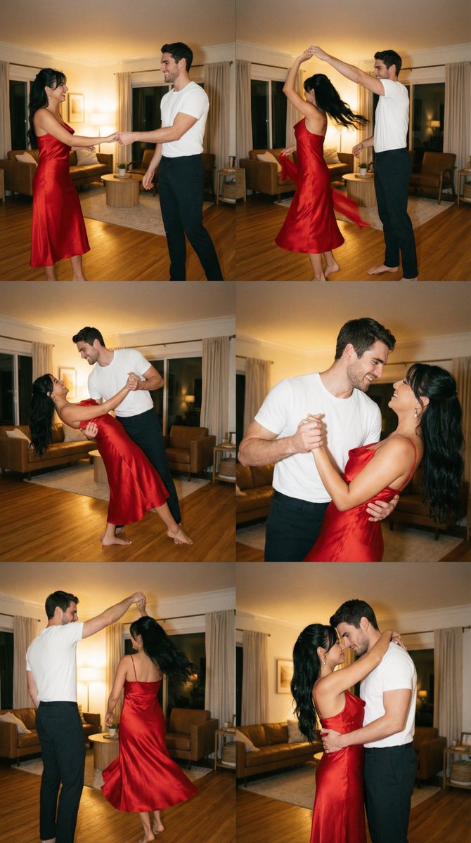 Comic / Storyboard - Cinematic Film Still Grid Prompt for Home Dance Sequence — output 1