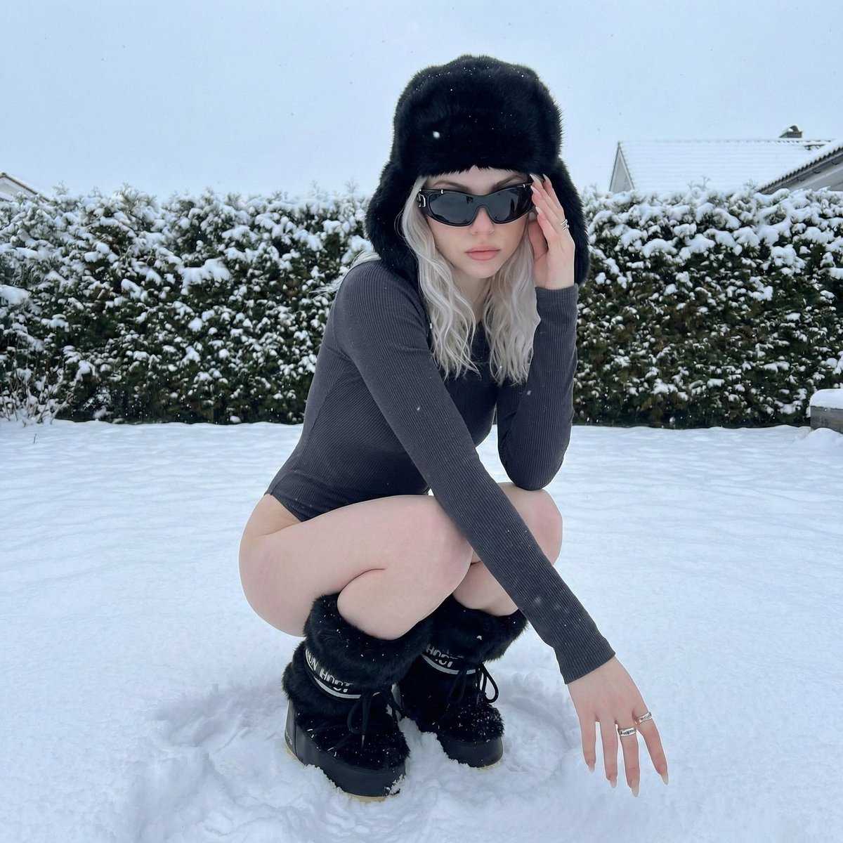Winter Editorial Low-Angle Squat Pose Prompt (iPhone Style) — output 1