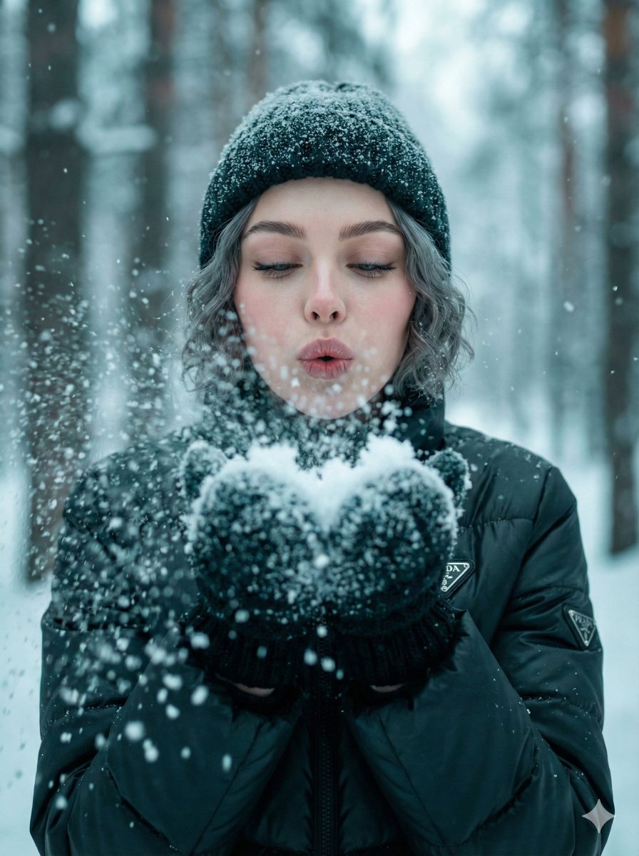 Ultra-Realistic Winter Snow Blowing Portrait Prompt — output 1