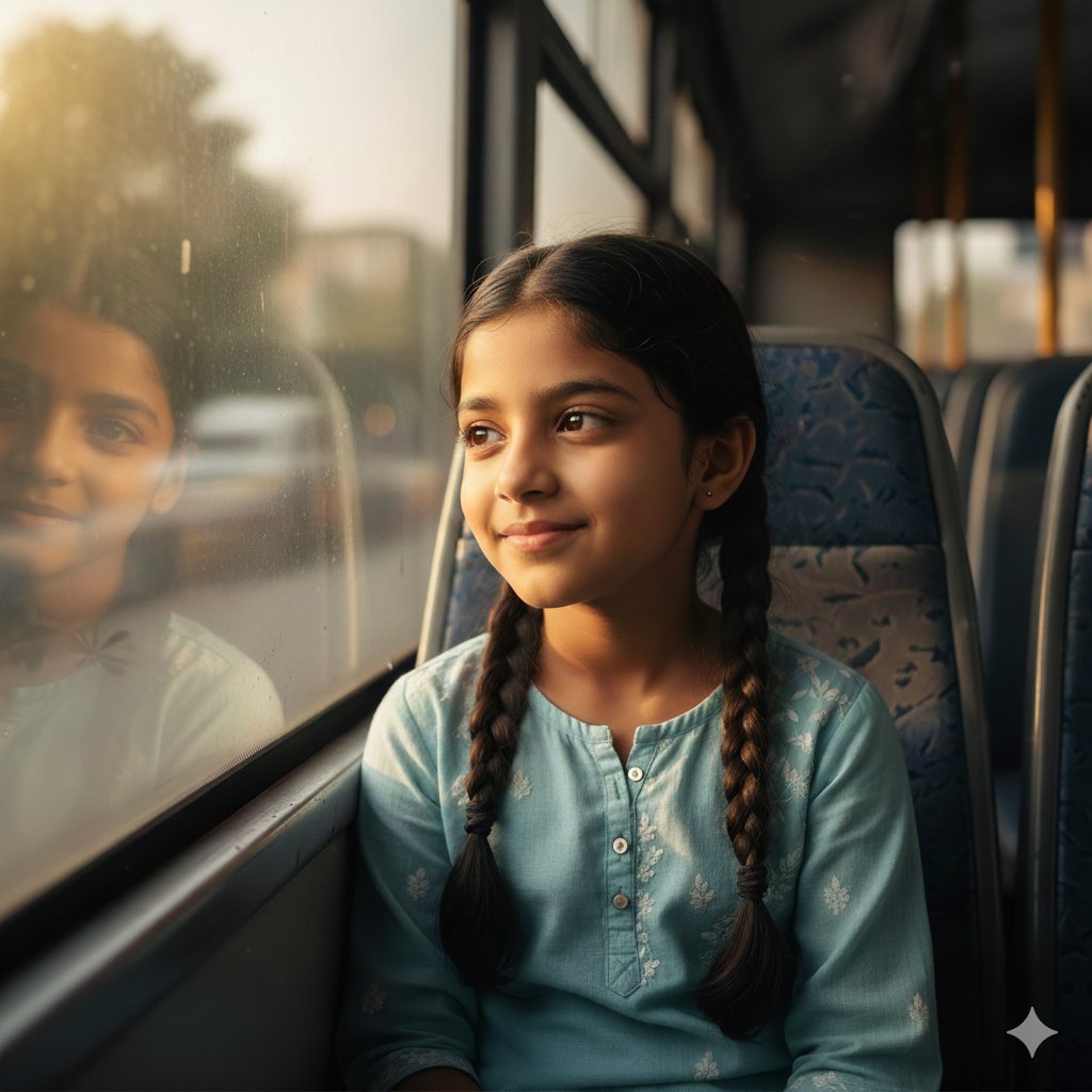 Hyper-Realistic Indian Girl on Bus Portrait Prompt — output 1