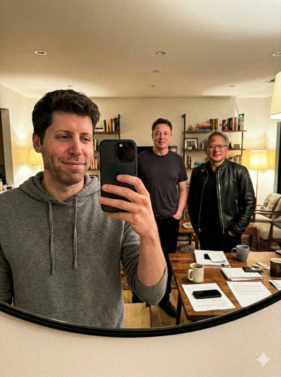Unfiltered mirror selfie with tech leaders — output 1
