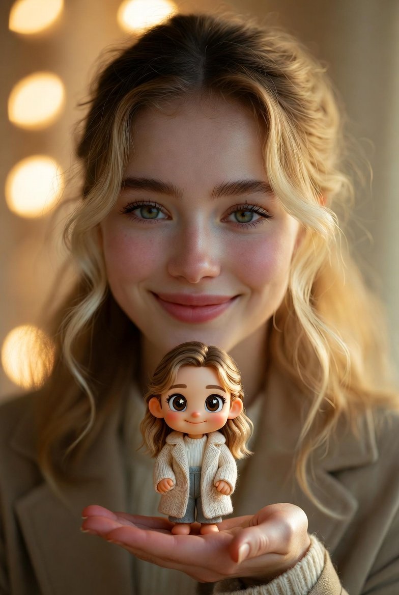 Cinematic Portrait with Miniature Chibi Figurine — output 1