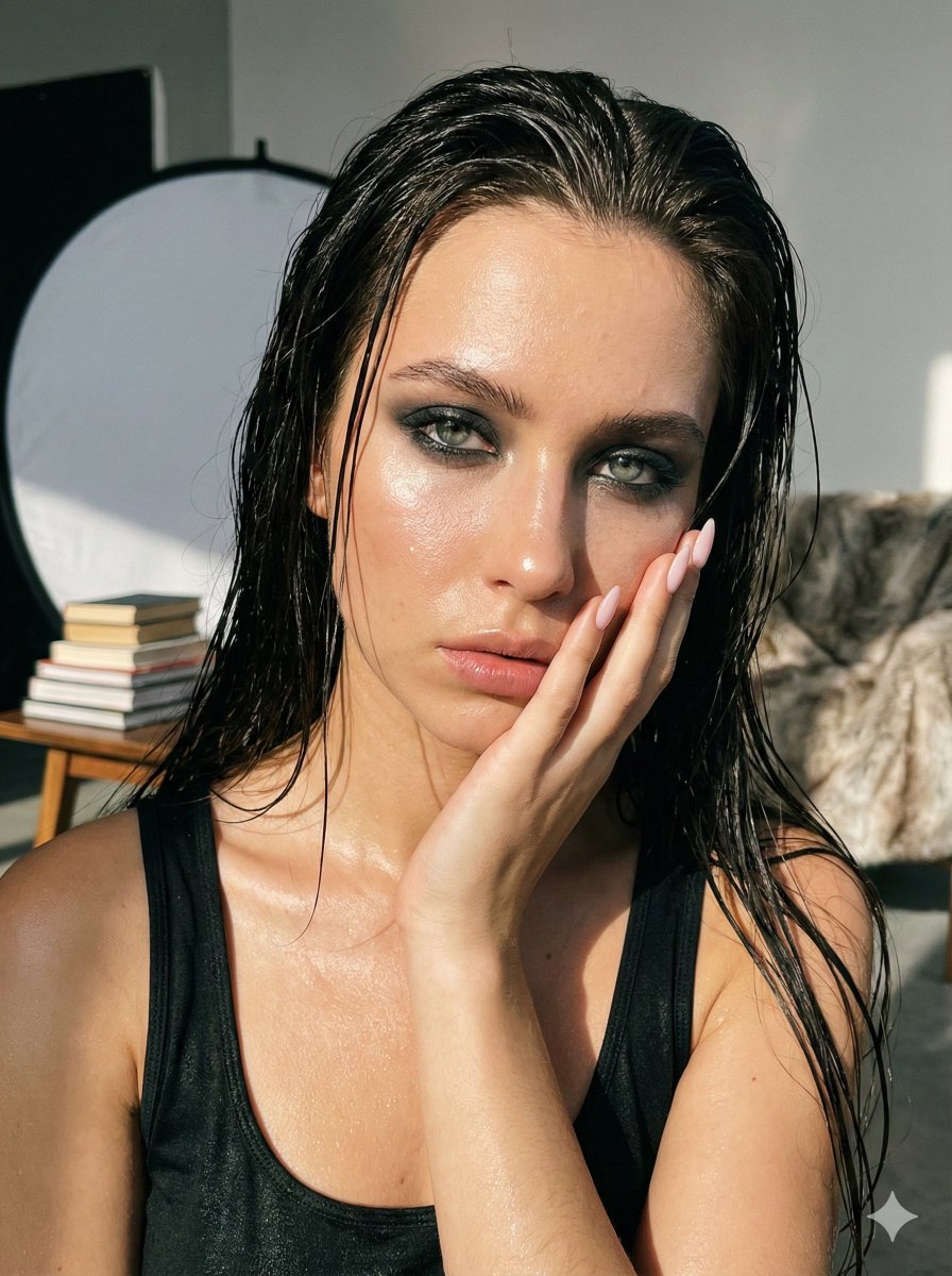 Ultra-Photorealistic Wet-Skin Beauty Portrait Prompt — output 1