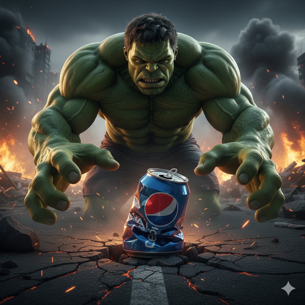 Product Marketing - Hulk Crushing Pepsi Can Cinematic Prompt — output 1
