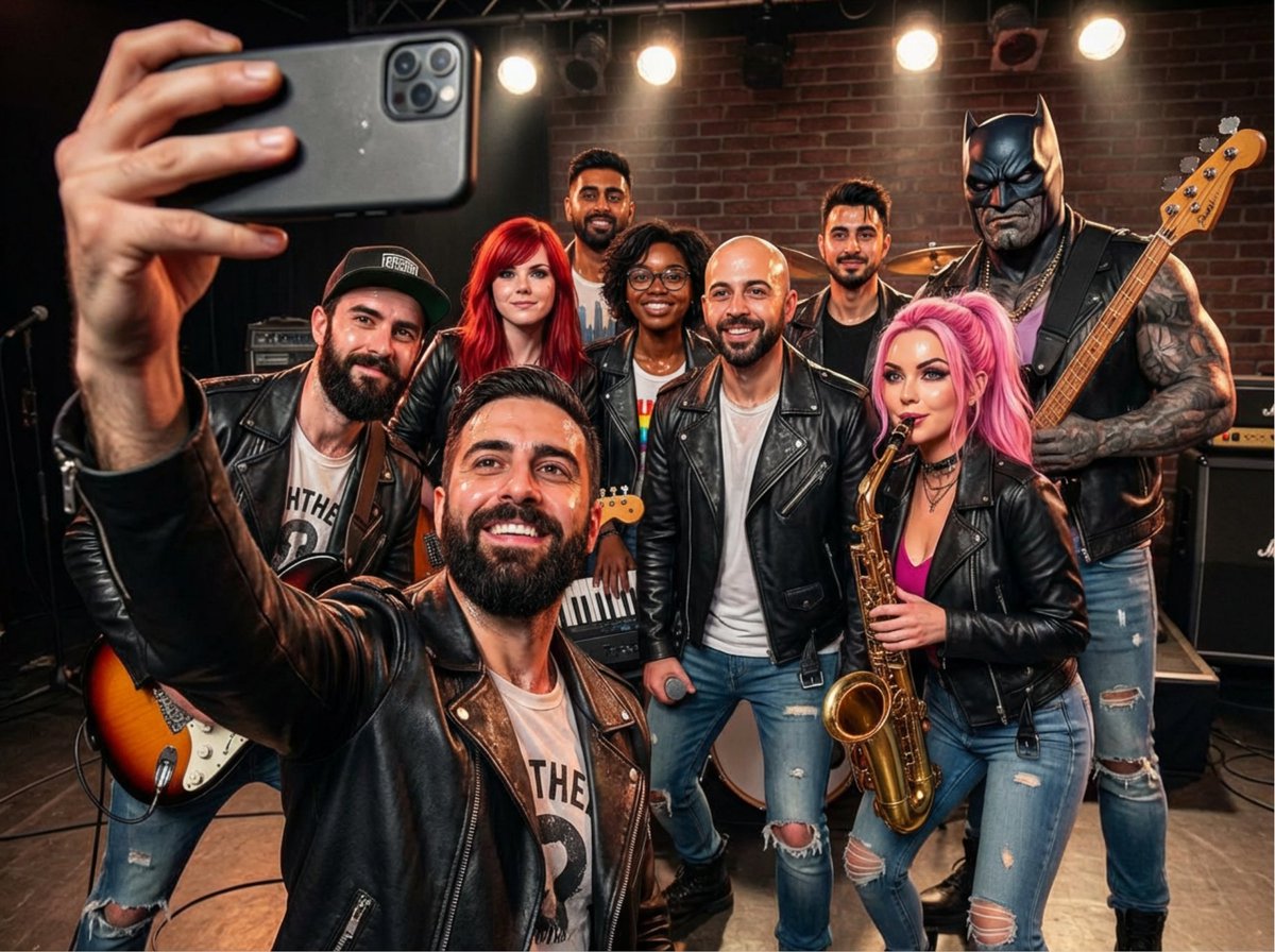 Photorealistic AI rock band selfie prompt — output 1
