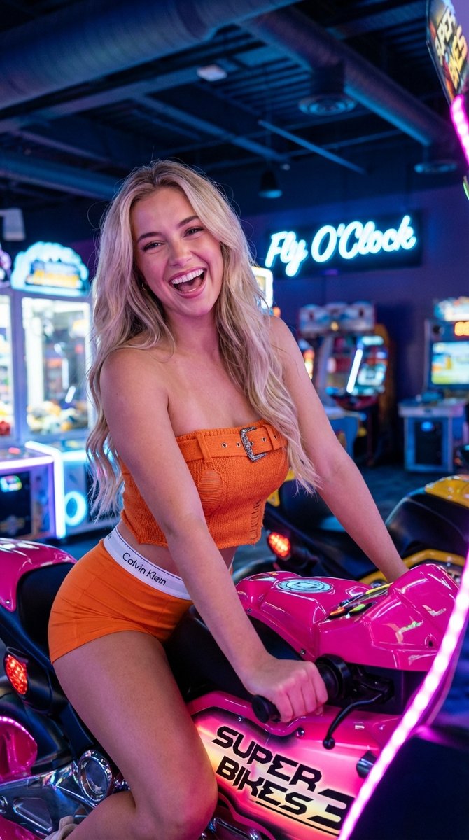 Vibrant Arcade Portrait with Orange Outfit and Neon Lights — output 1