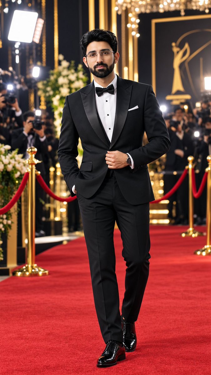 Product Marketing - Red Carpet Tuxedo Portrait Prompt — output 1