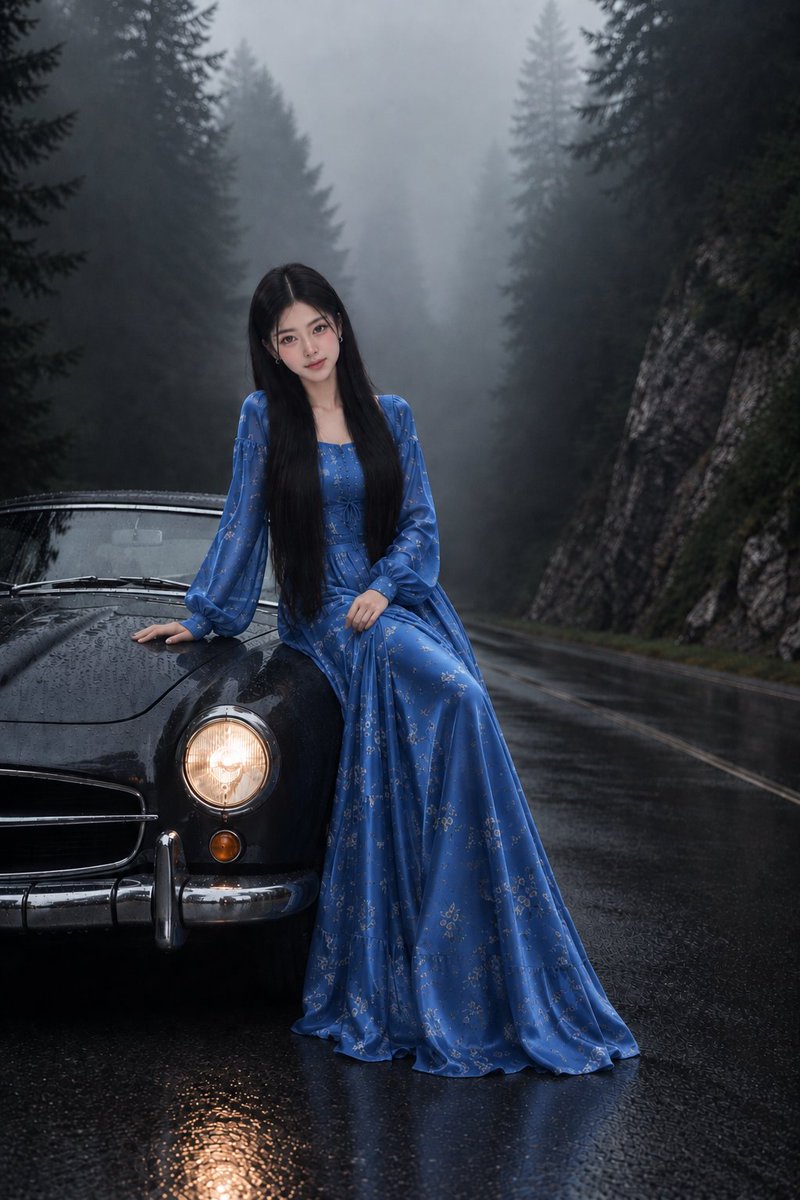 Social Media Post - Korean Girl on Vintage Car in Misty Mountains — output 1
