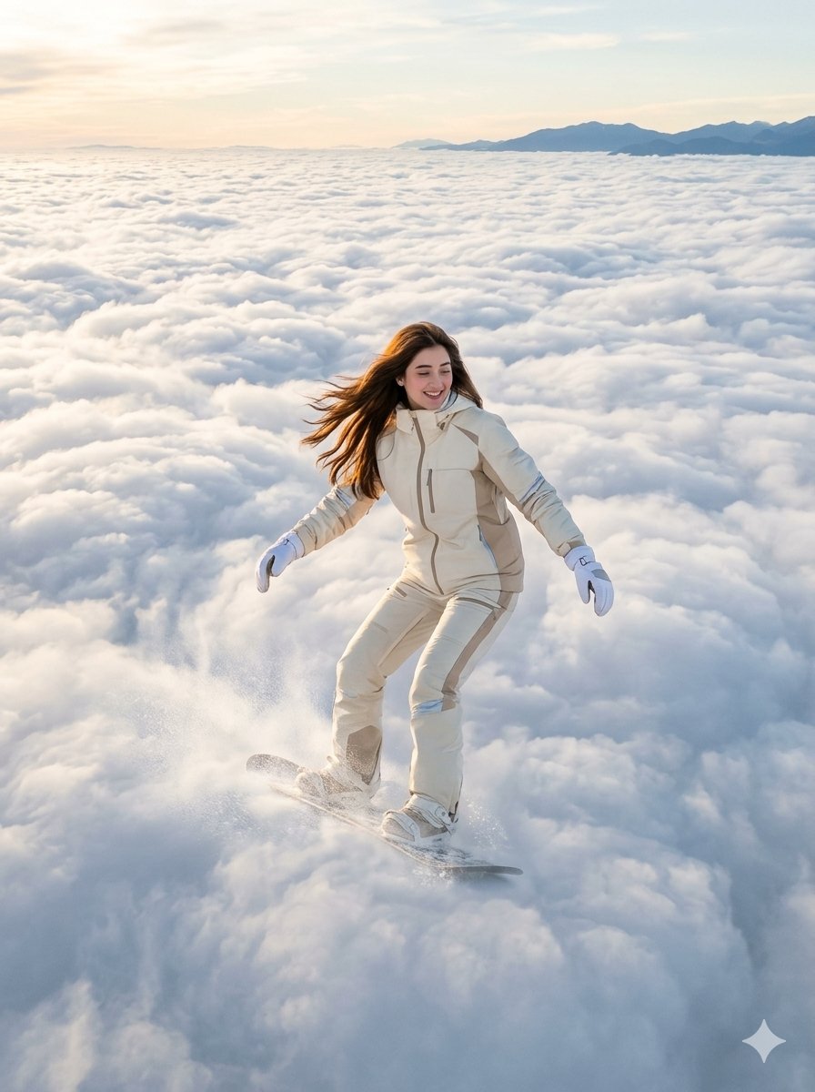 Surreal Cloud Snowboarding Girl — output 1