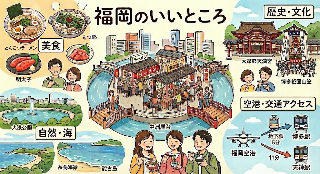 Summarize Fukuoka’s good points in one image — output 1