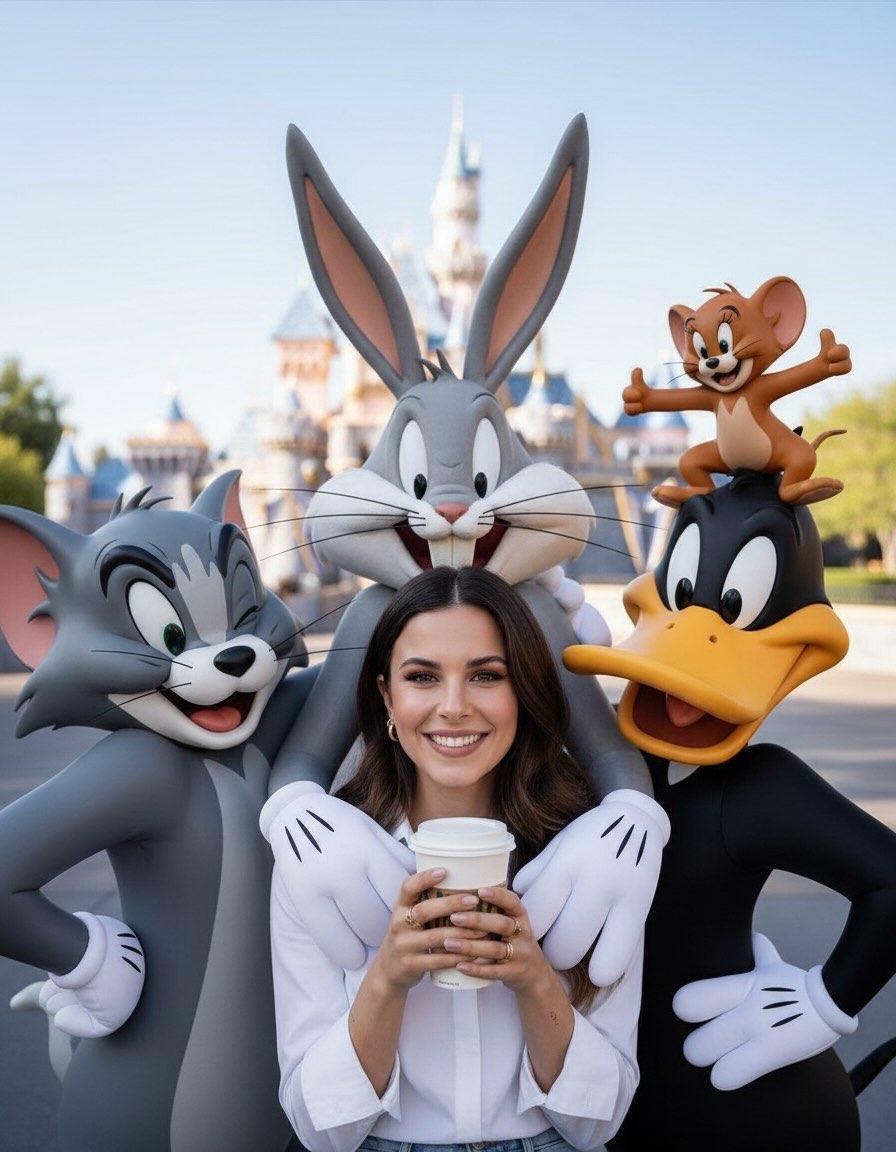 Cheerful Theme Park Lifestyle Portrait with Mascots — output 1