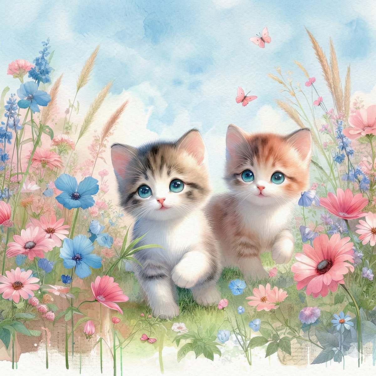 Watercolor Illustration of Kittens in a Garden — output 1