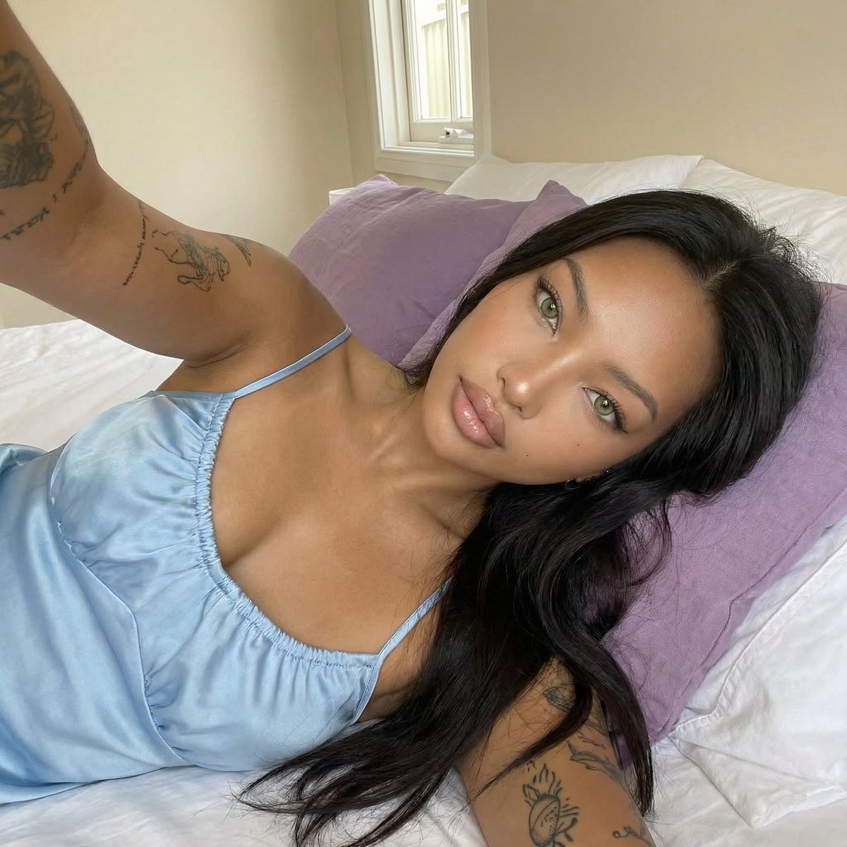 Profile / Avatar - Intimate Morning Bedroom Selfie Portrait (JSON) — output 1