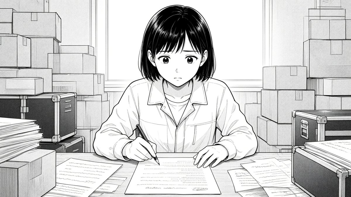 Comic / Storyboard - Manga Woman Writing in Storage Office — output 1