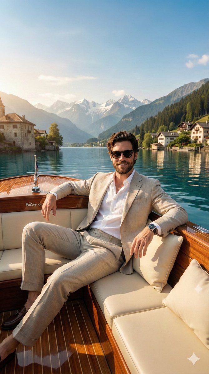 Luxury Boat Alpine Lake Editorial Photo Prompt — output 1