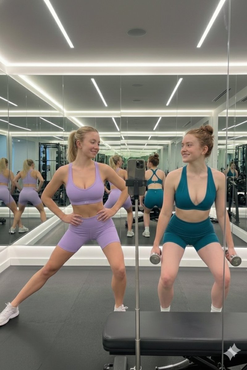 Mirror Selfie of Sydney Sweeney and Sadie Sink in a Gym — output 1
