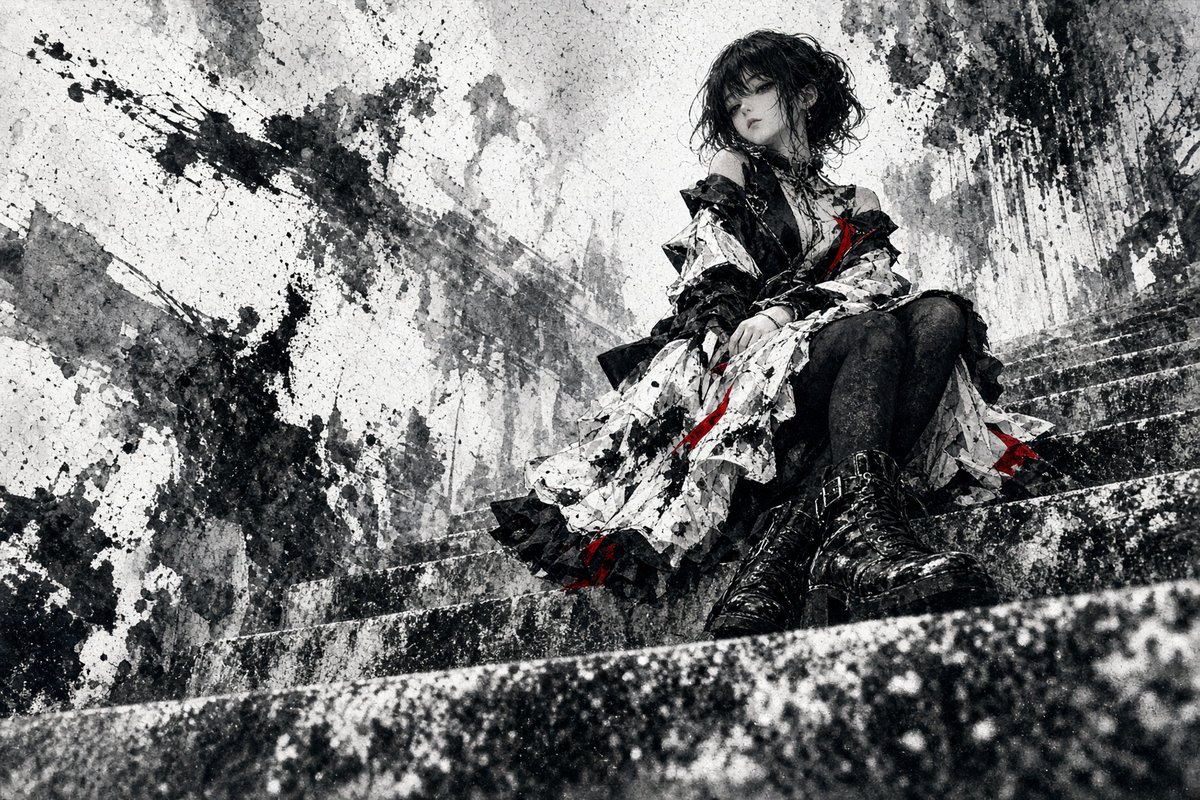 Comic / Storyboard - Gothic Girl on Ink-Splattered Stairs — output 1