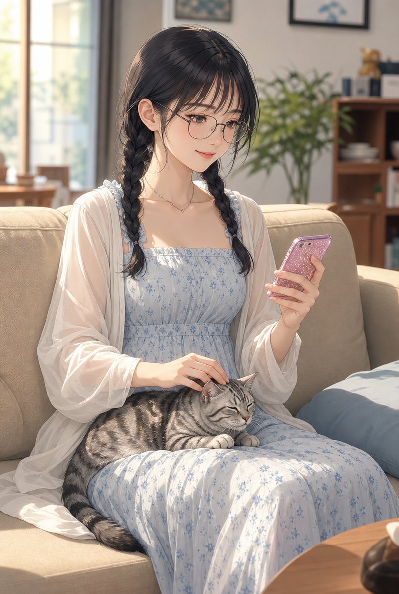 Comic / Storyboard - Anime Woman With Cat on Sofa — output 1