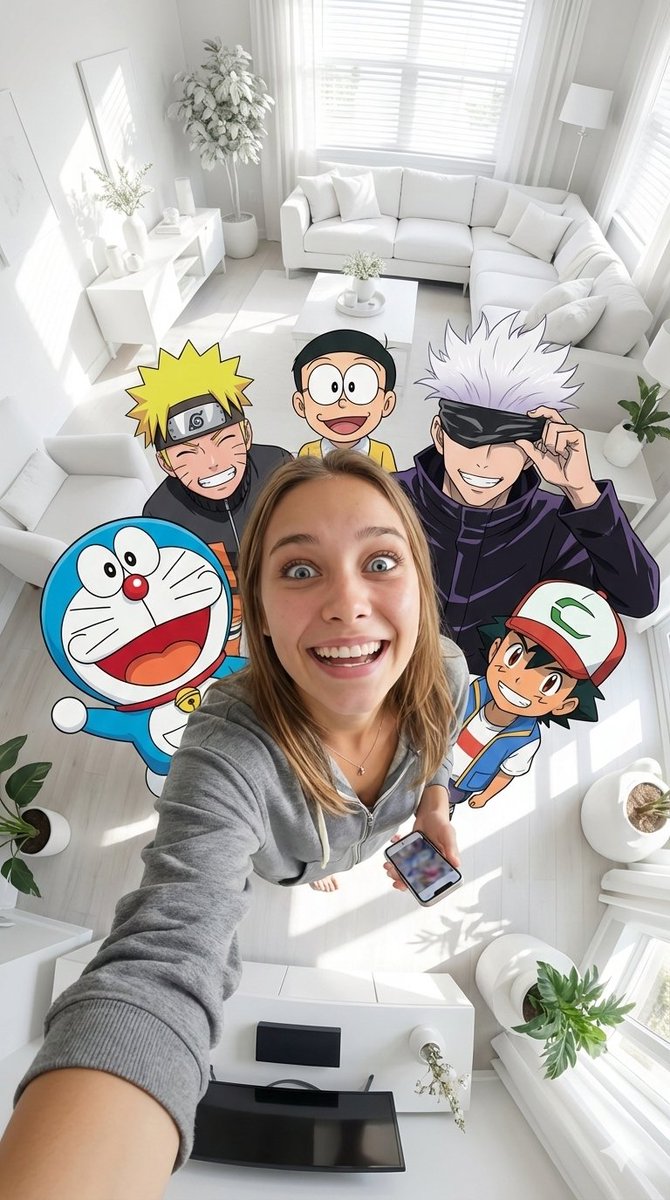 Fisheye selfie with anime characters — output 1