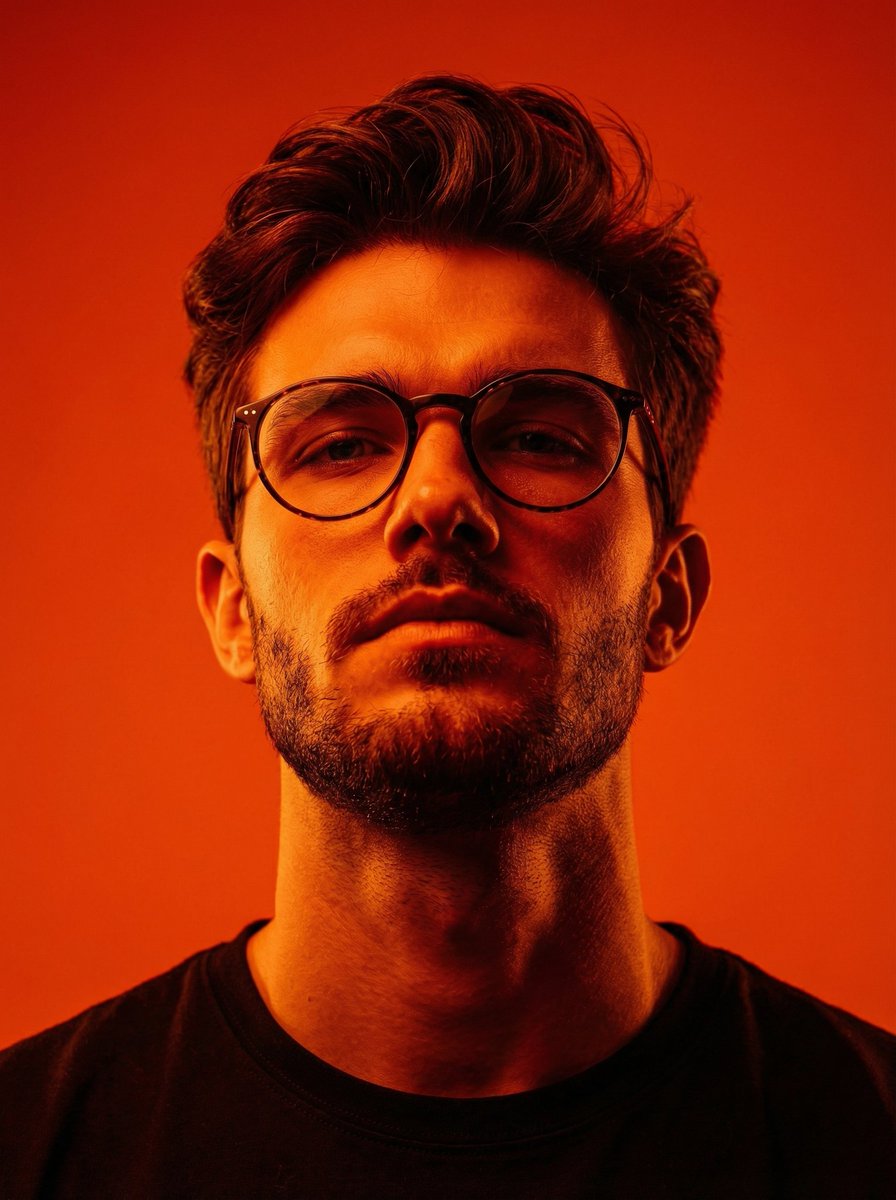 Dynamic Low-Angle Editorial Portrait with Orange-Red Contrast — output 1