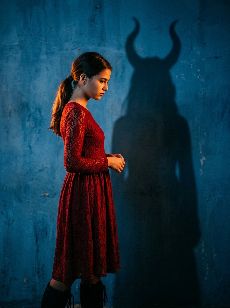 Mysterious Shadow Red Dress Portrait — output 1