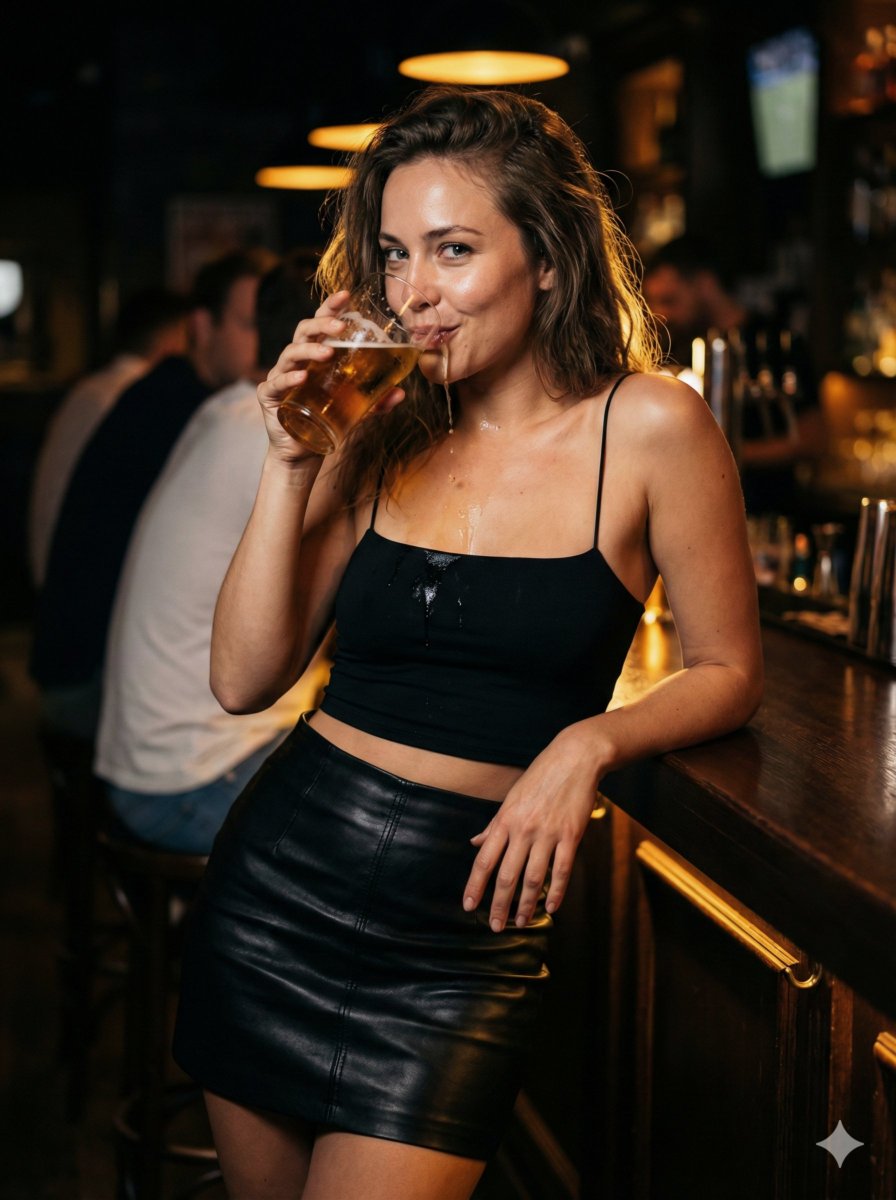 Ultra-Photorealistic Nightlife Portrait with Spilled Beer — output 1