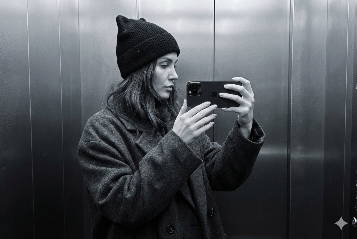 Profile / Avatar - Monochrome Elevator Mirror Selfie with Cat-Ear Hat — output 1
