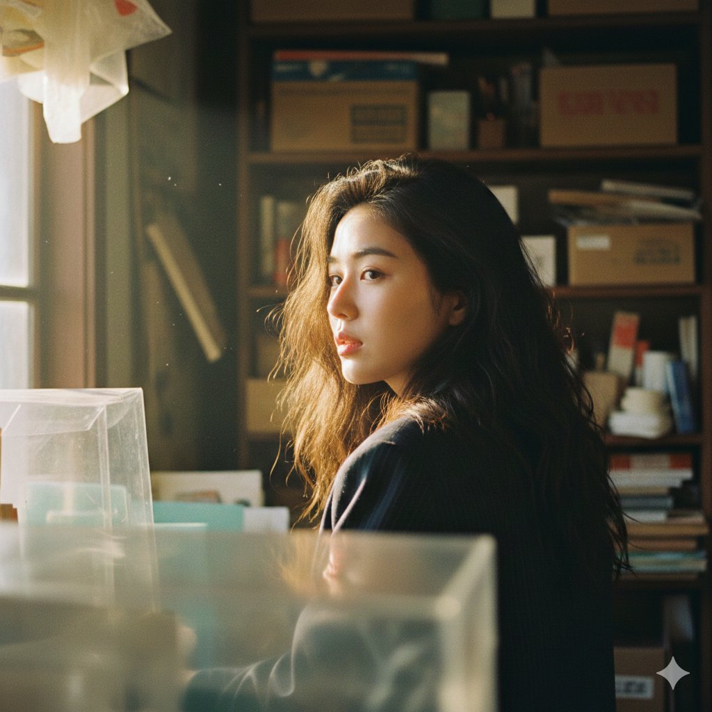 Cinematic Portrait with Strong Backlighting and Foreground Clutter — output 1