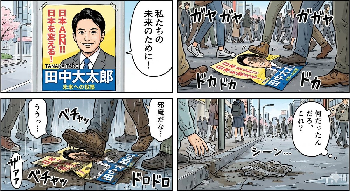 Social Media Post - Four-Panel Manga: Poster Covered in Mud — output 1
