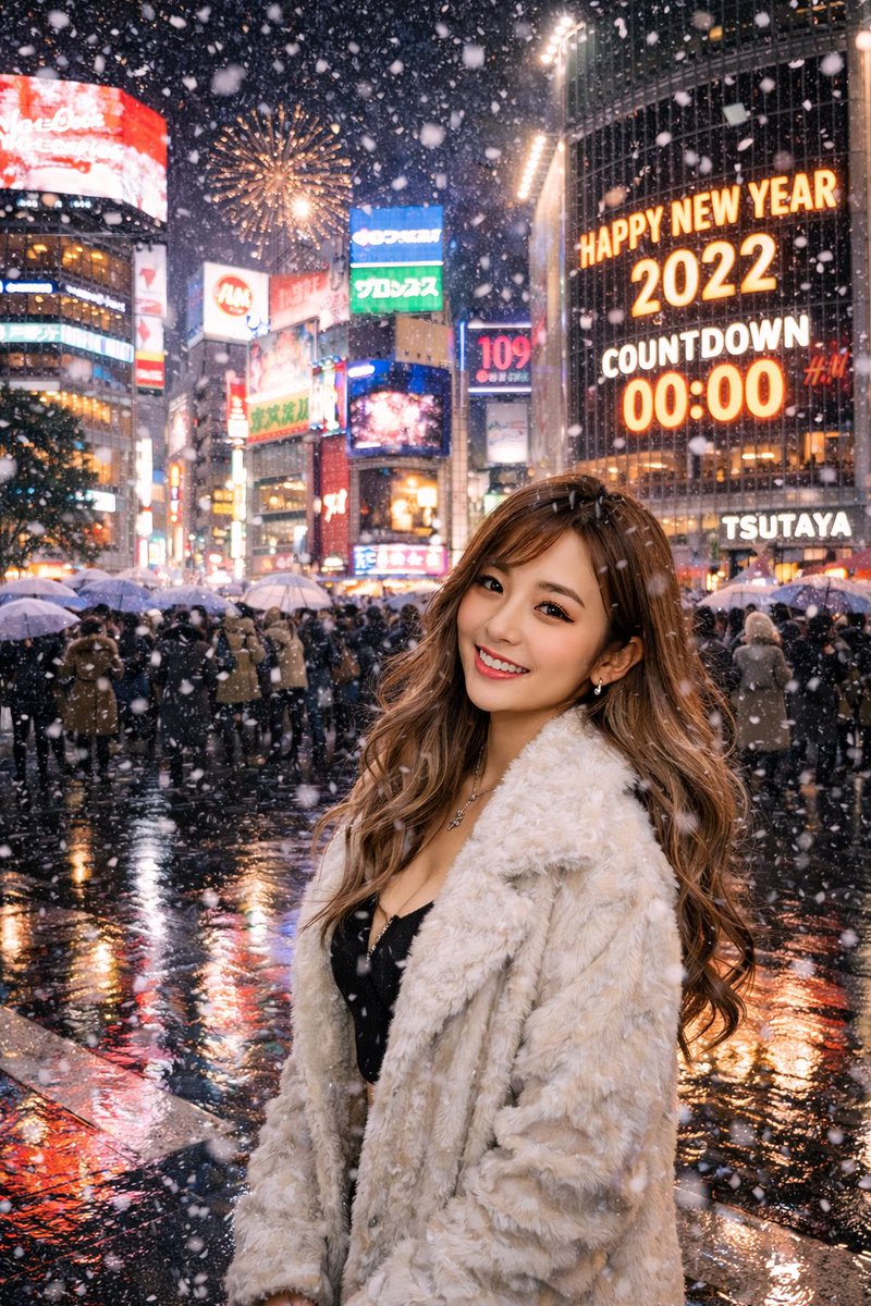 Beautiful Japanese woman at Shibuya crossing on New Year's Eve — output 1
