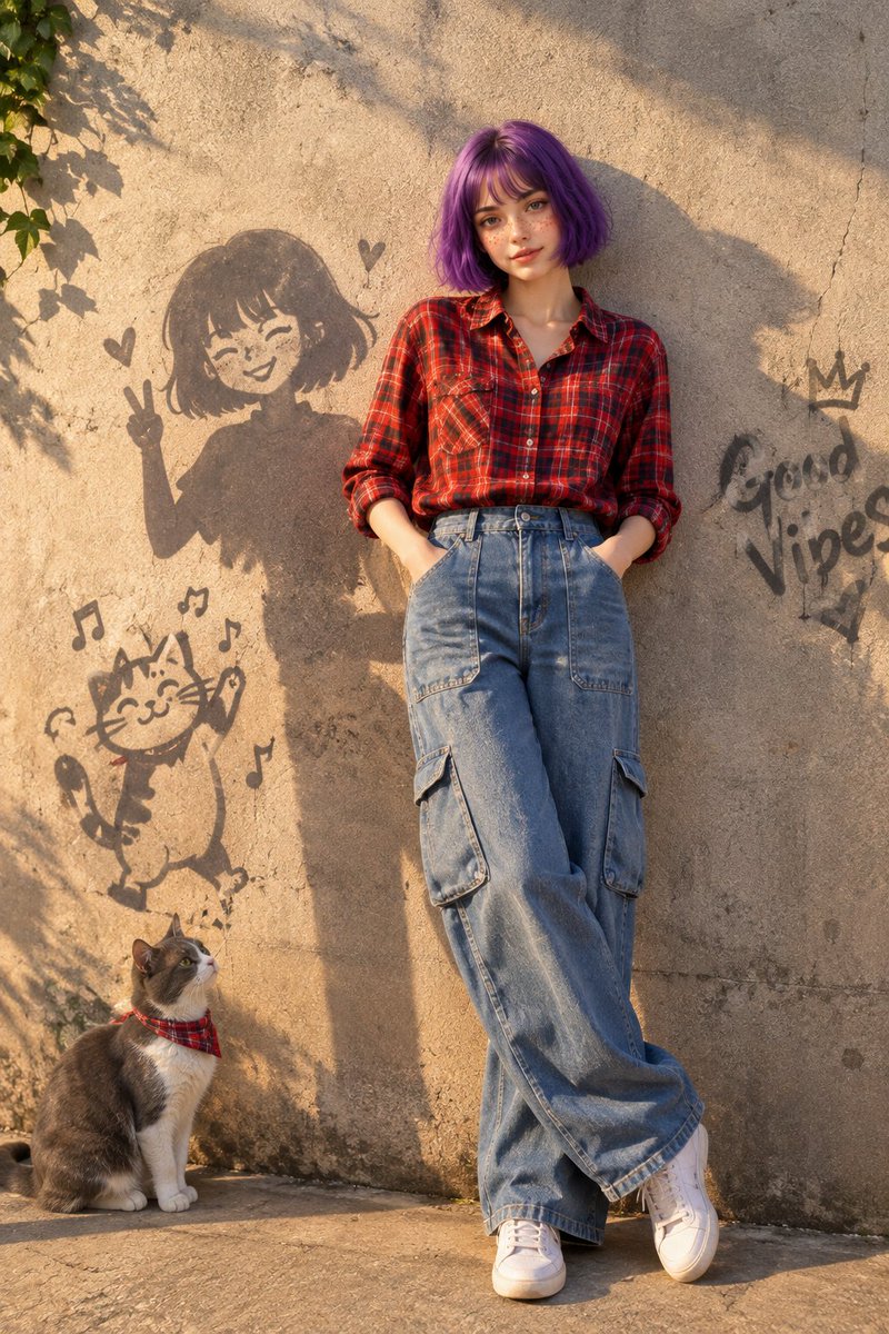 Social Media Post - Hyper-realistic Outdoor Fashion Portrait with Cat — output 1