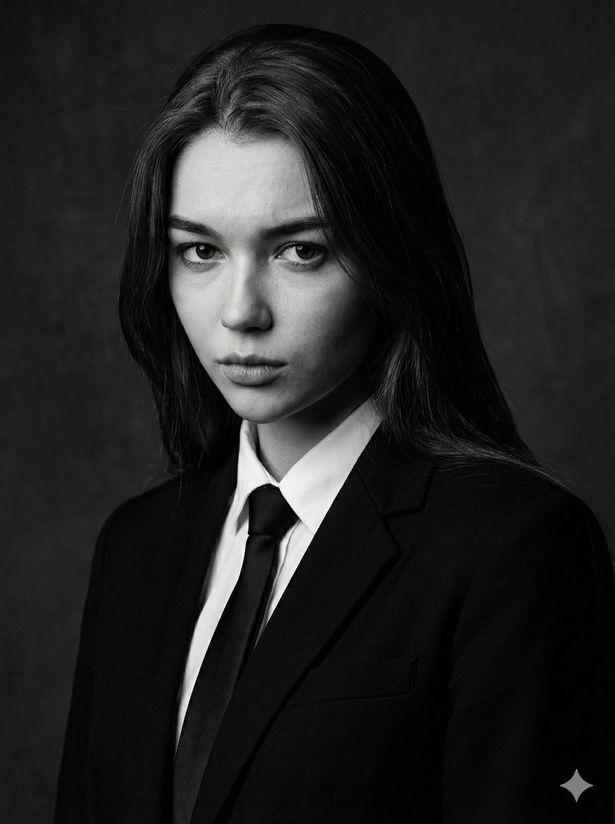 Cinematic black-and-white portrait of a woman — output 1
