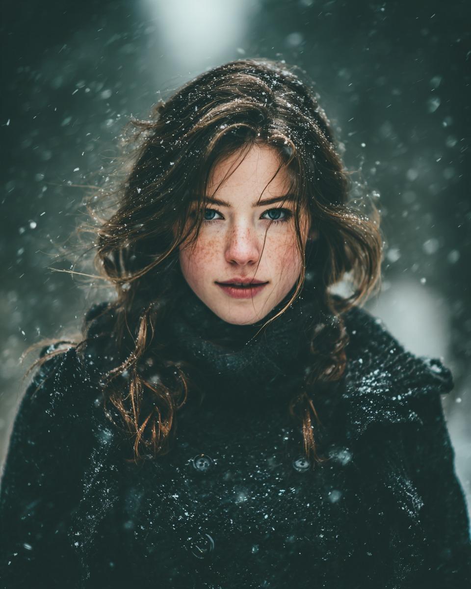 Cinematic Winter Portrait with Snowfall — output 1