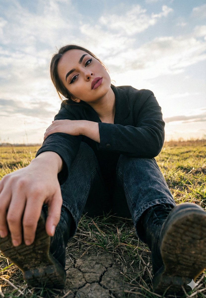 Cinematic Low Angle Portrait in a Dry Field — output 1