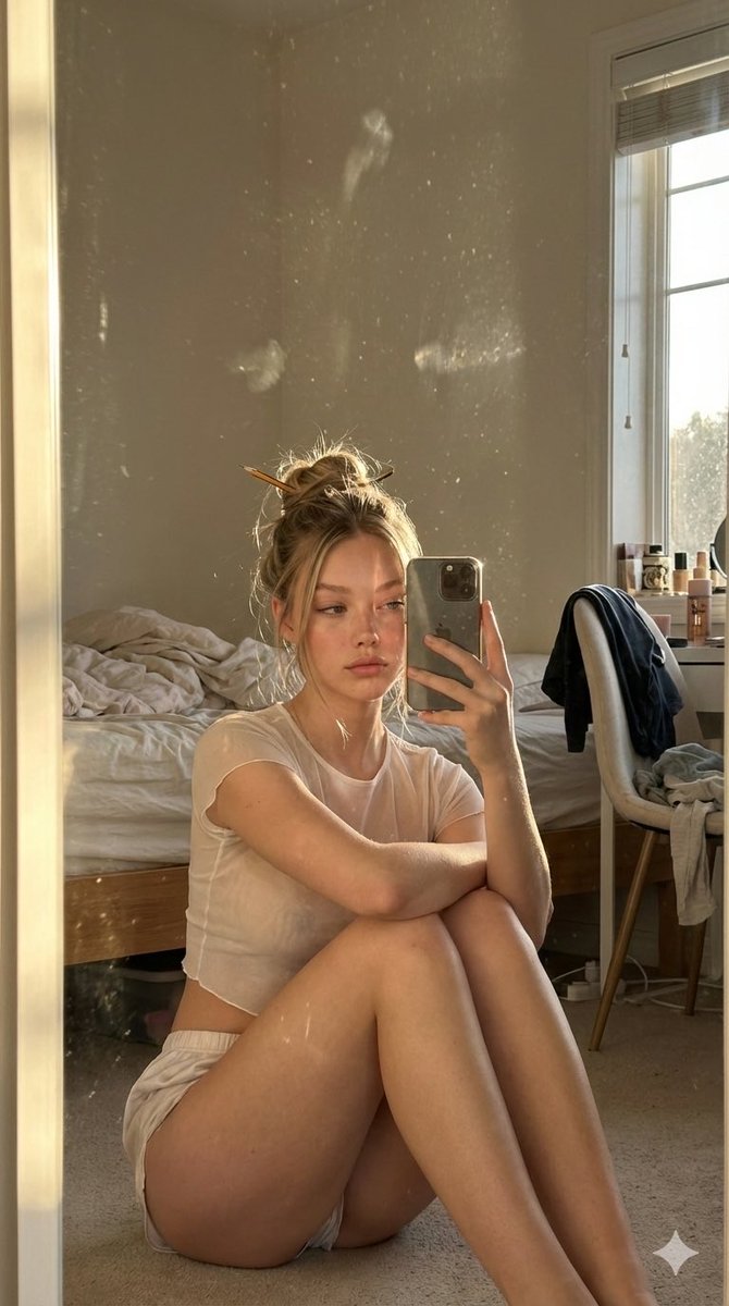 Profile / Avatar - Candid Golden Hour iPhone Mirror Selfie in a Messy Bedroom — output 1