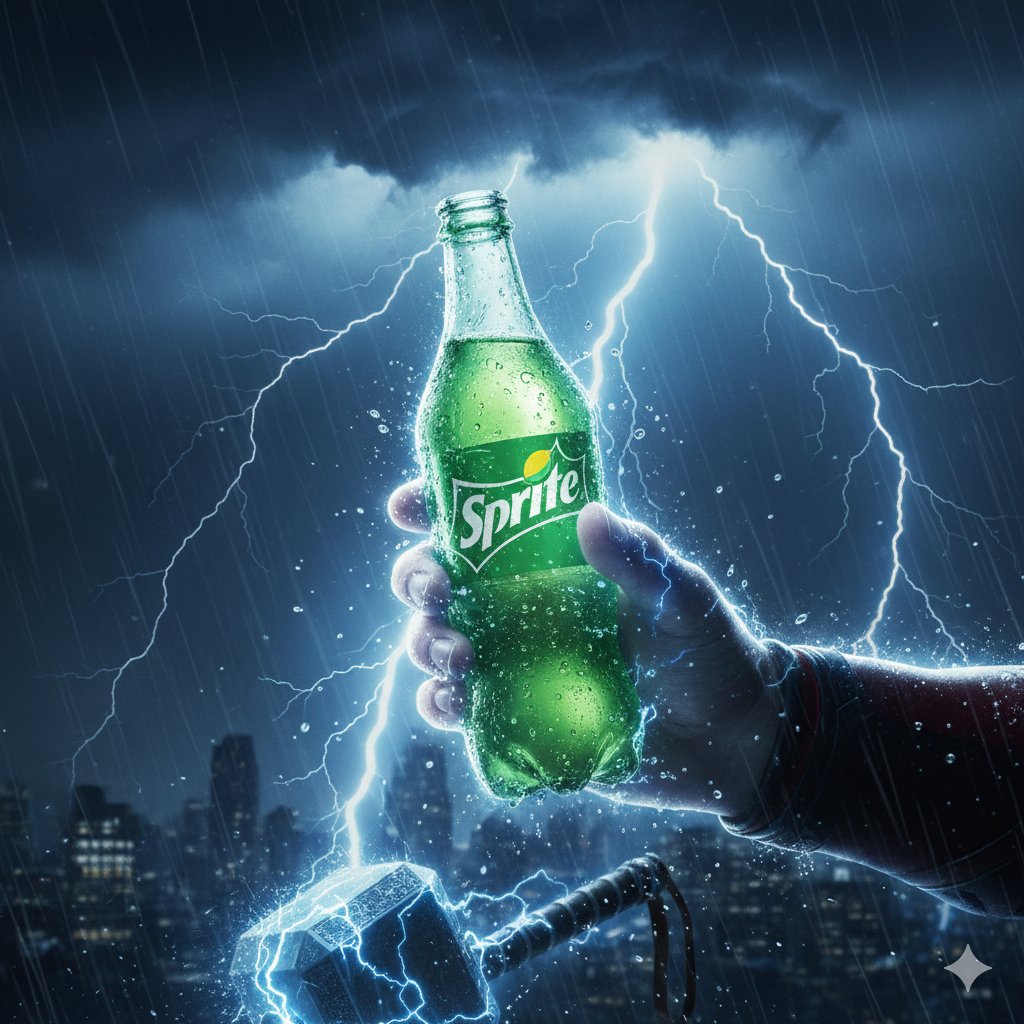 Social Media Post - Thor Holding Sprite Bottle Prompt — output 1