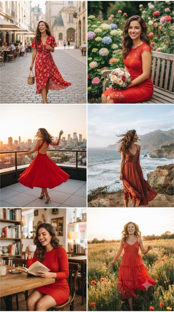 Comic / Storyboard - Smiling Woman in Red Dress Collage — output 1