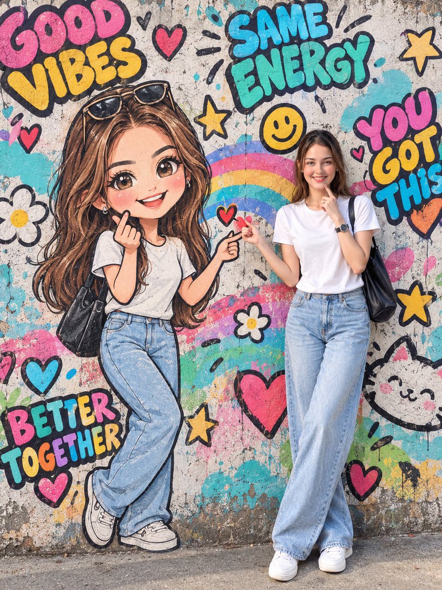 Social Media Post - Real Woman with Giant Chibi Graffiti Mural