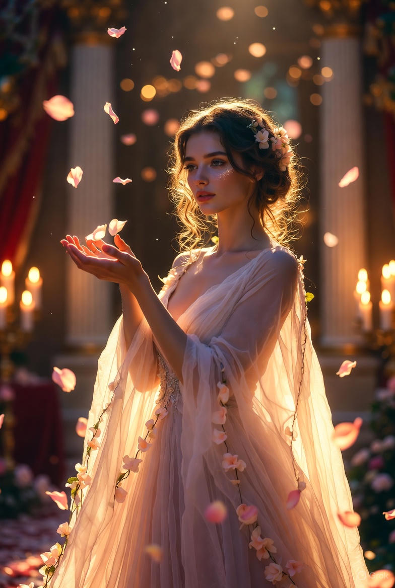 High-Fashion Fantasy Editorial with Floating Petals — output 1