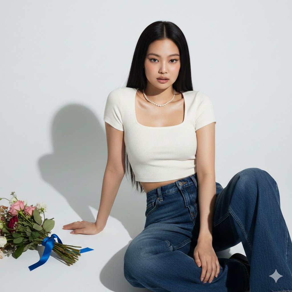 Product Marketing - Hyper-realistic portrait of Jennie Kim in a minimalist studio setting — output 1