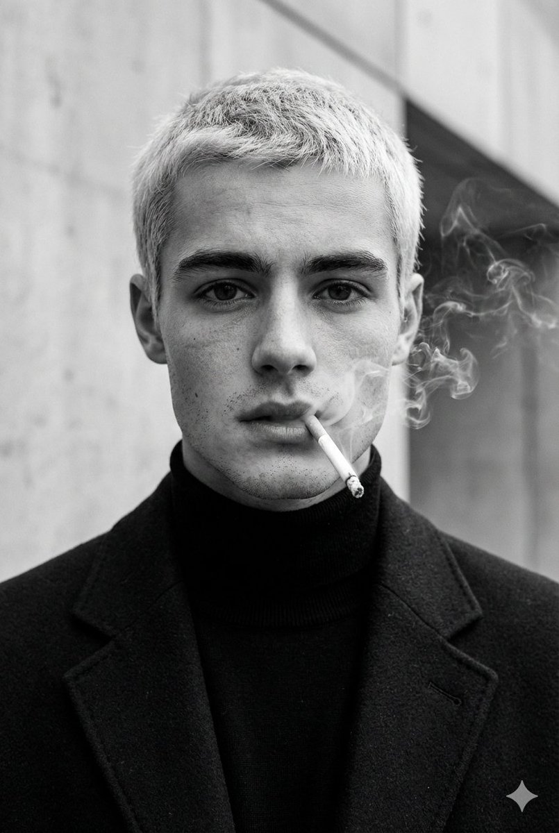 High-Fashion Black and White Portrait with Cigarette Smoke — output 1